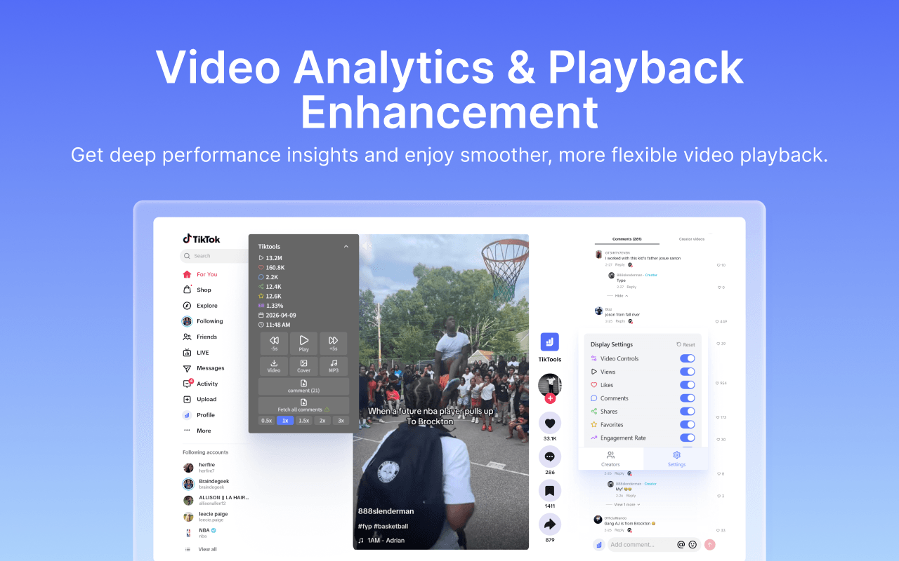 CreatorStar per-video analytics panel and playback enhancement controls on TikTok